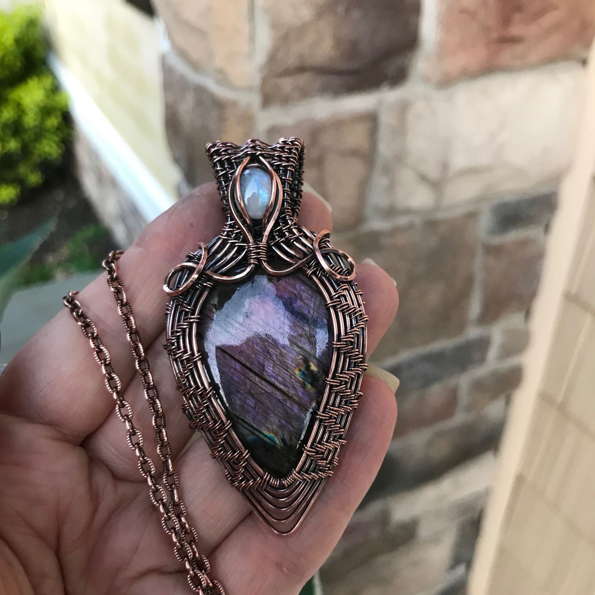 Purple Labradorite & Moonstone Wire Weave Copper Pendant