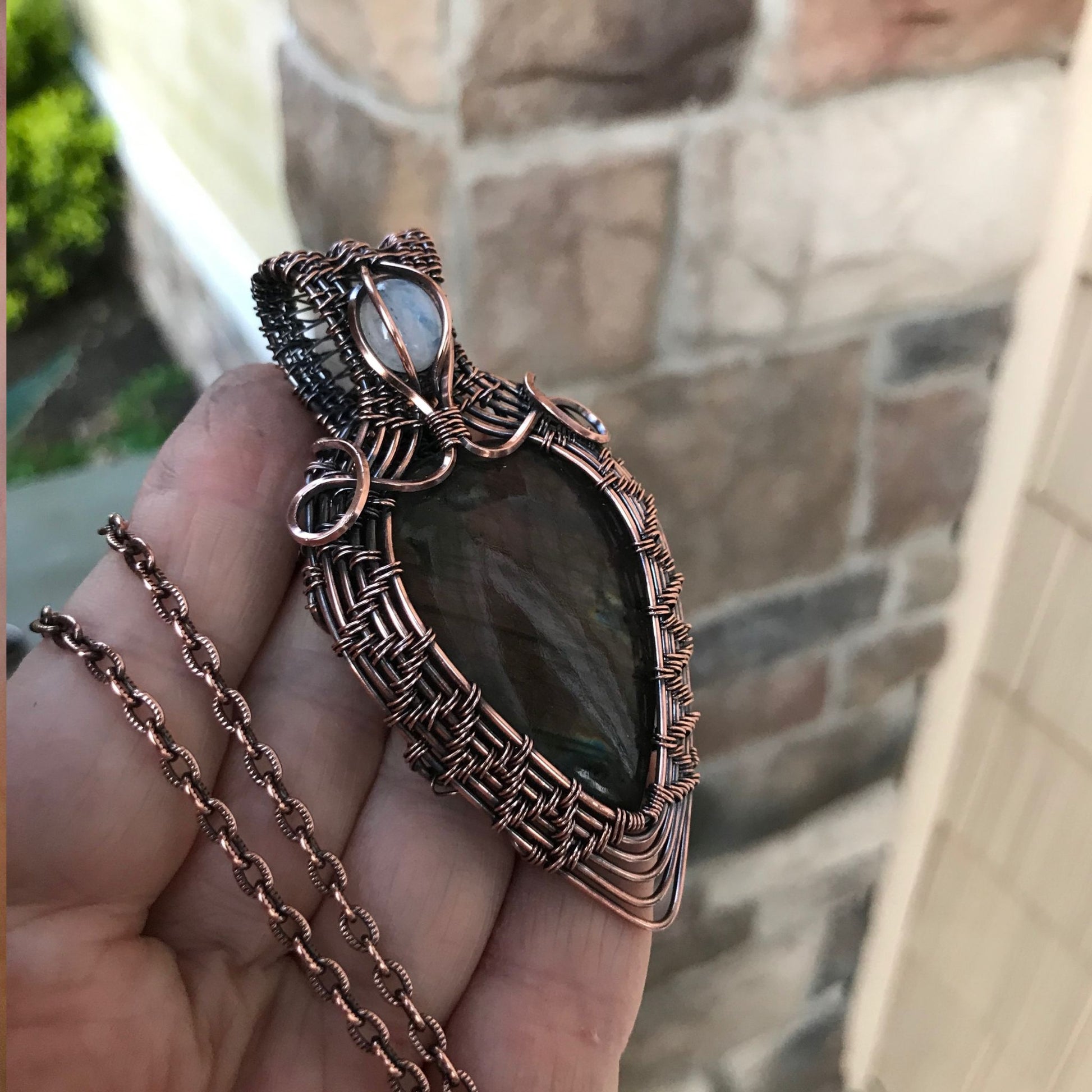 Purple Labradorite & Moonstone Wire Weave Copper Pendant