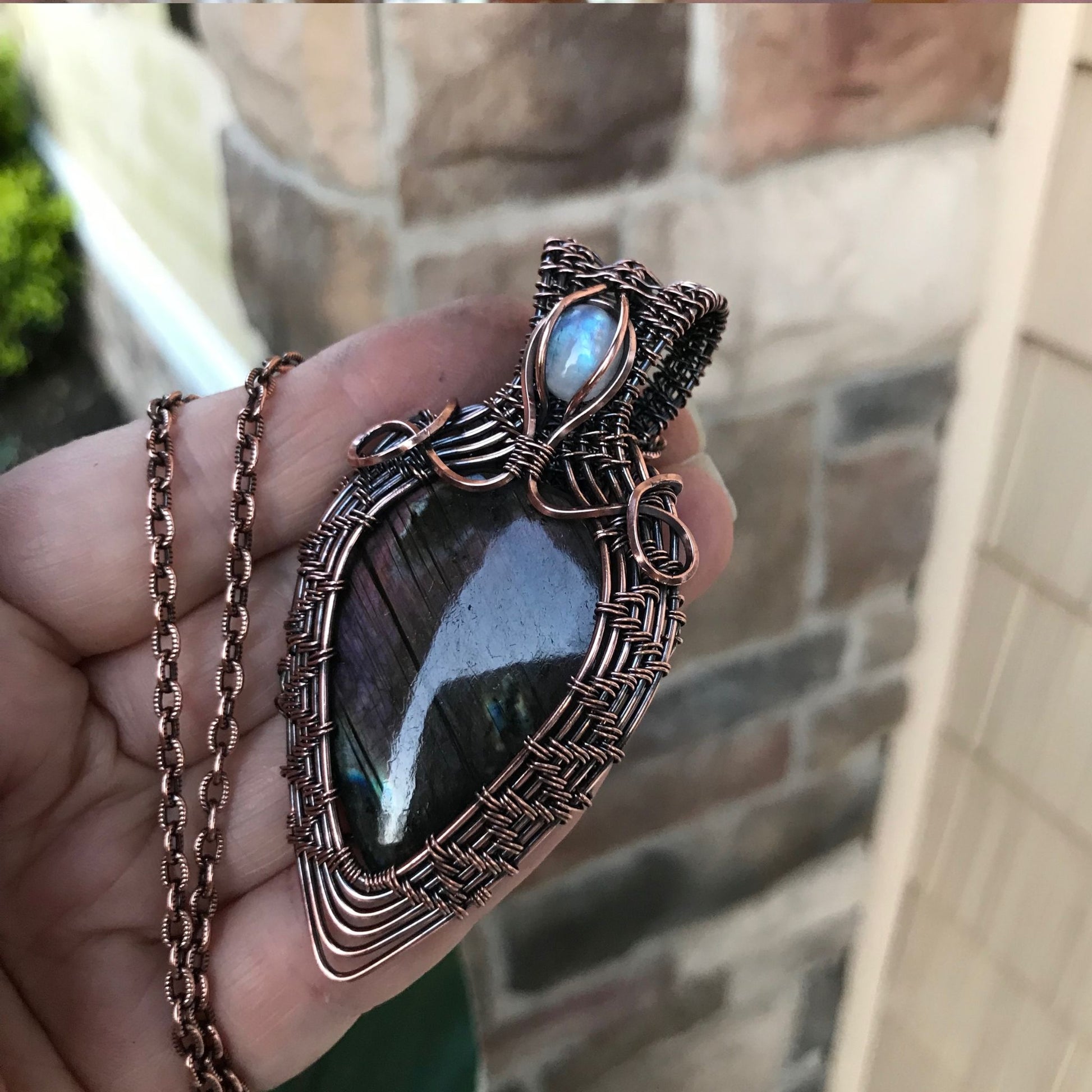 Purple Labradorite & Moonstone Wire Weave Copper Pendant