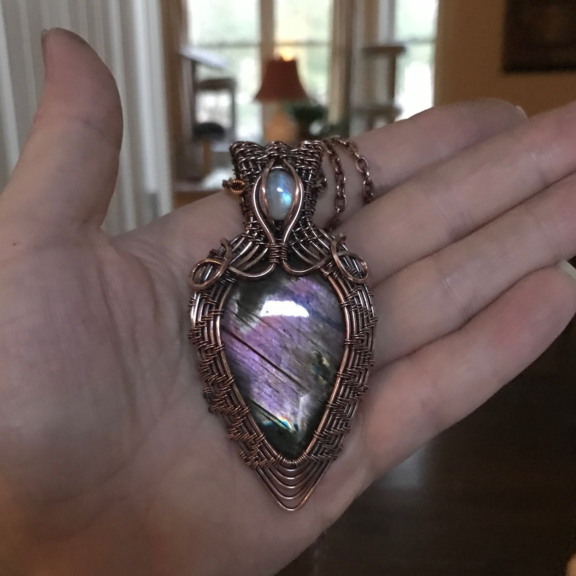 Purple Labradorite & Moonstone Wire Weave Copper Pendant