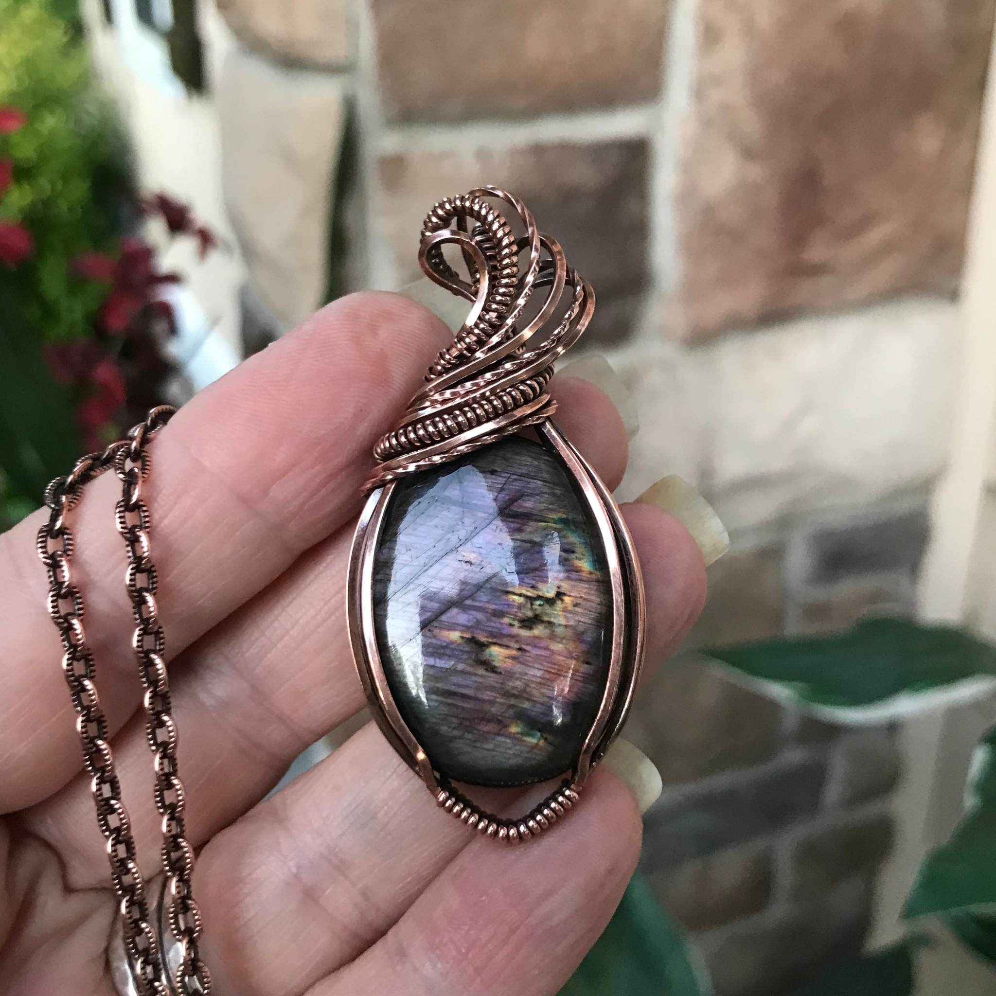Purple pink labradorite copper wire wrapped pendant by Moonlet Jewelry