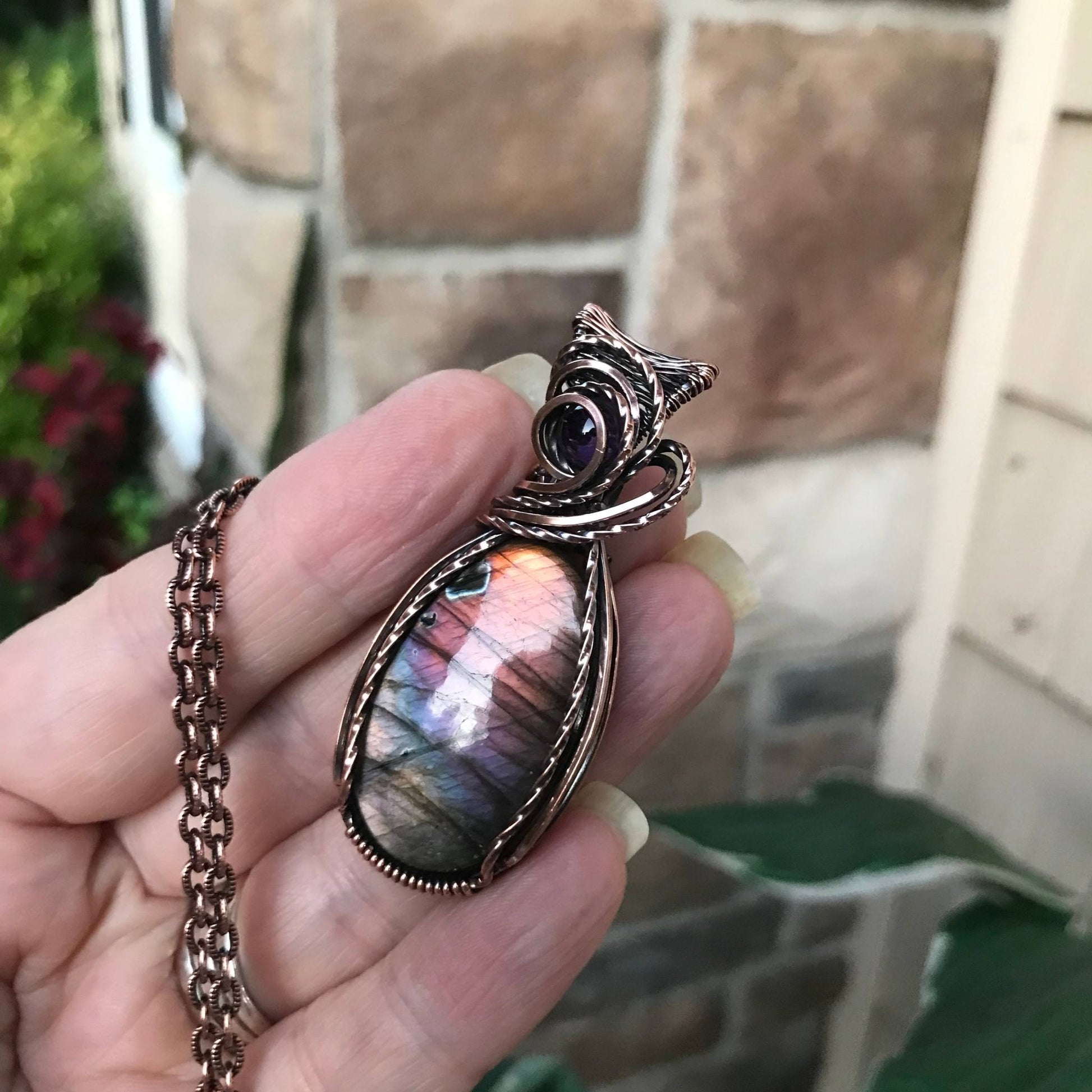 Rainbow Labradorite & Amethyst Oval Copper Pendant