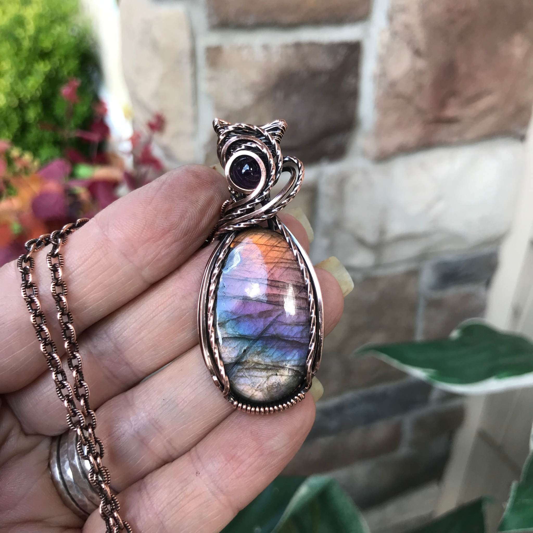 Rainbow Labradorite & Amethyst Oval Copper Pendant