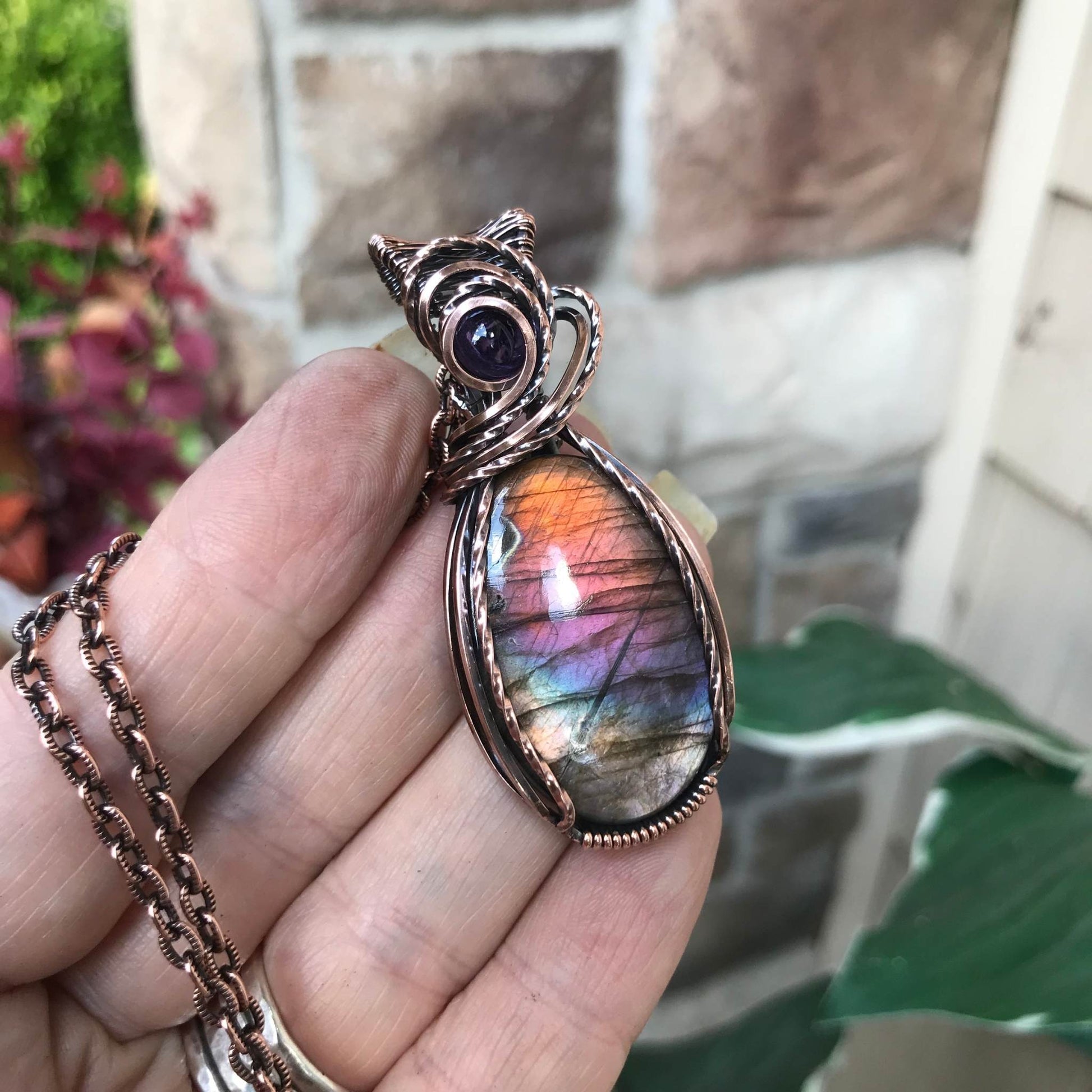 Rainbow Labradorite & Amethyst Oval Copper Pendant