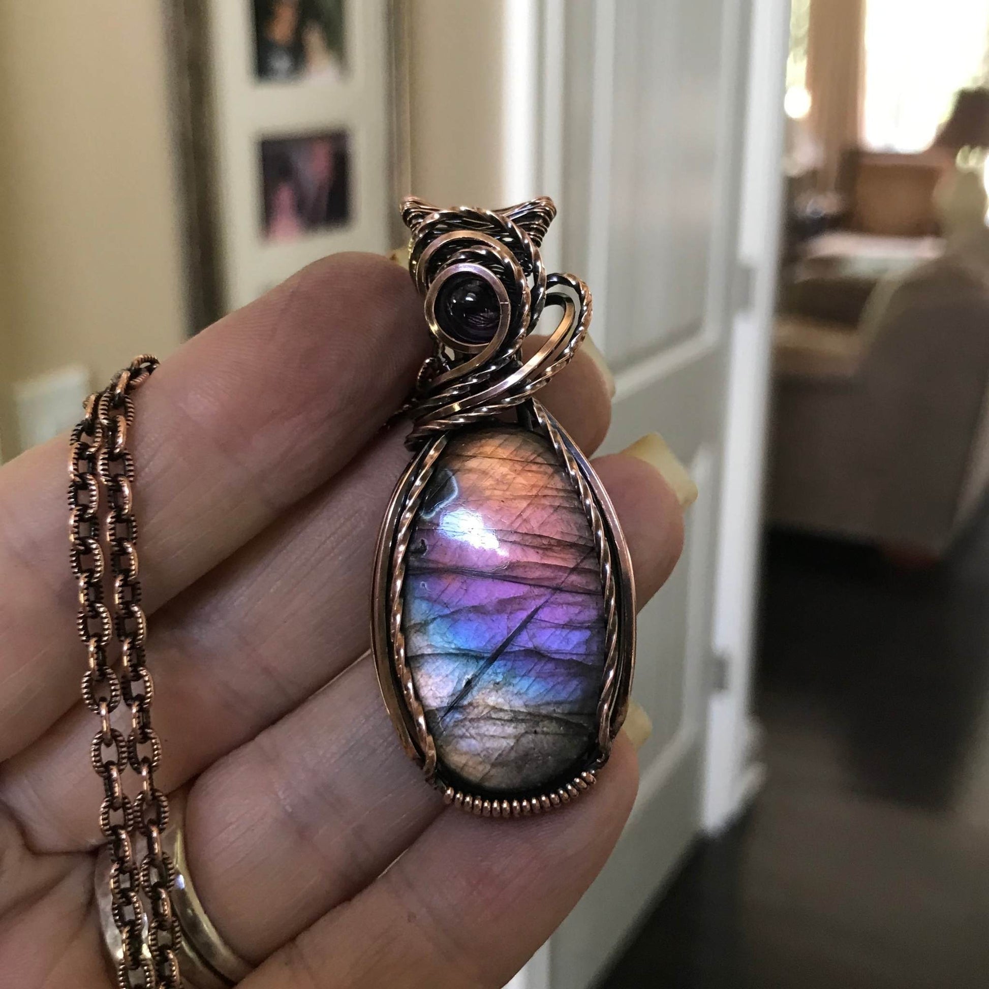 Rainbow Labradorite & Amethyst Oval Copper Pendant