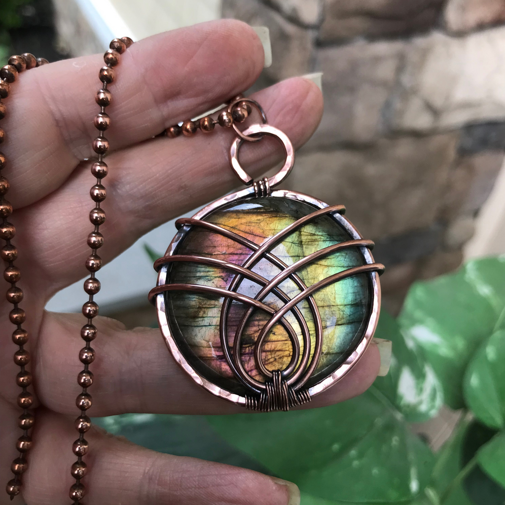 rainbow labradorite round criss cross copper wire wrapped pendant moonlet jewelry
