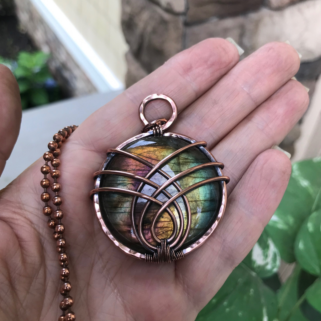 rainbow labradorite round criss cross copper wire wrapped pendant moonlet jewelry