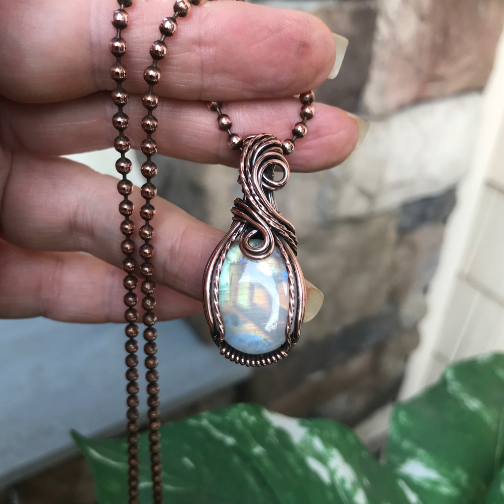 pastel rainbow moonstone small copper wire wrapped pendant necklace moonlet jewelry
