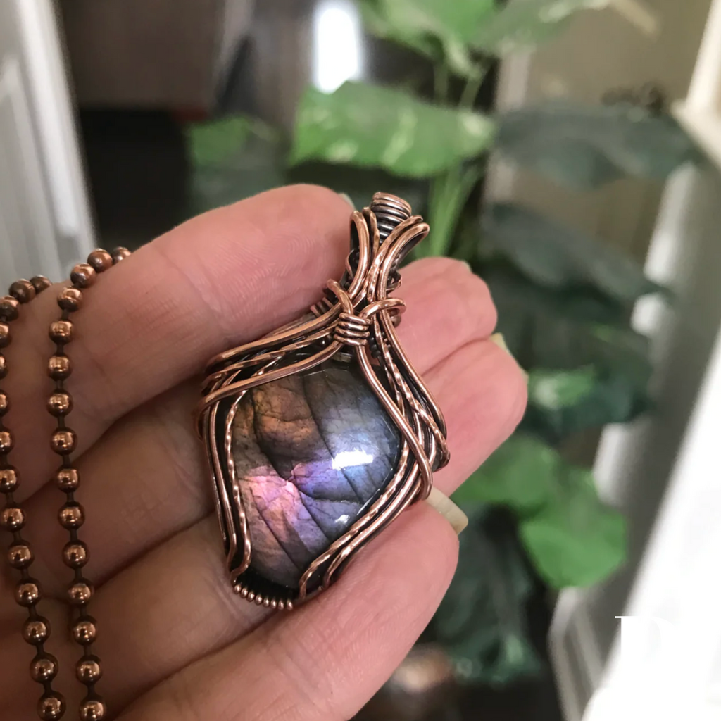 Rainbow purple labradorite copper wire wrapped pendant moonlet jewelry