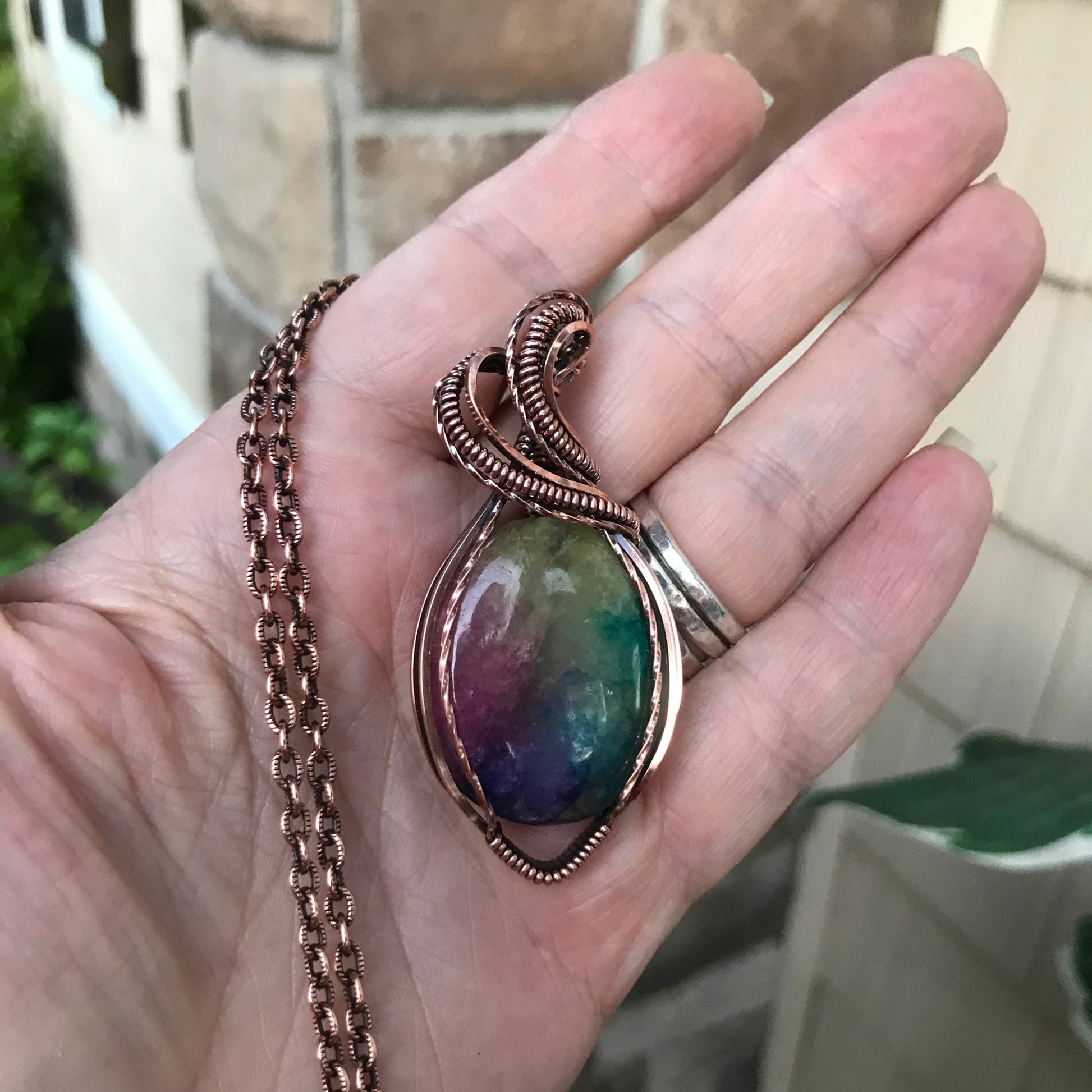 Rainbow Solar Quartz Large Oval Copper Necklace
