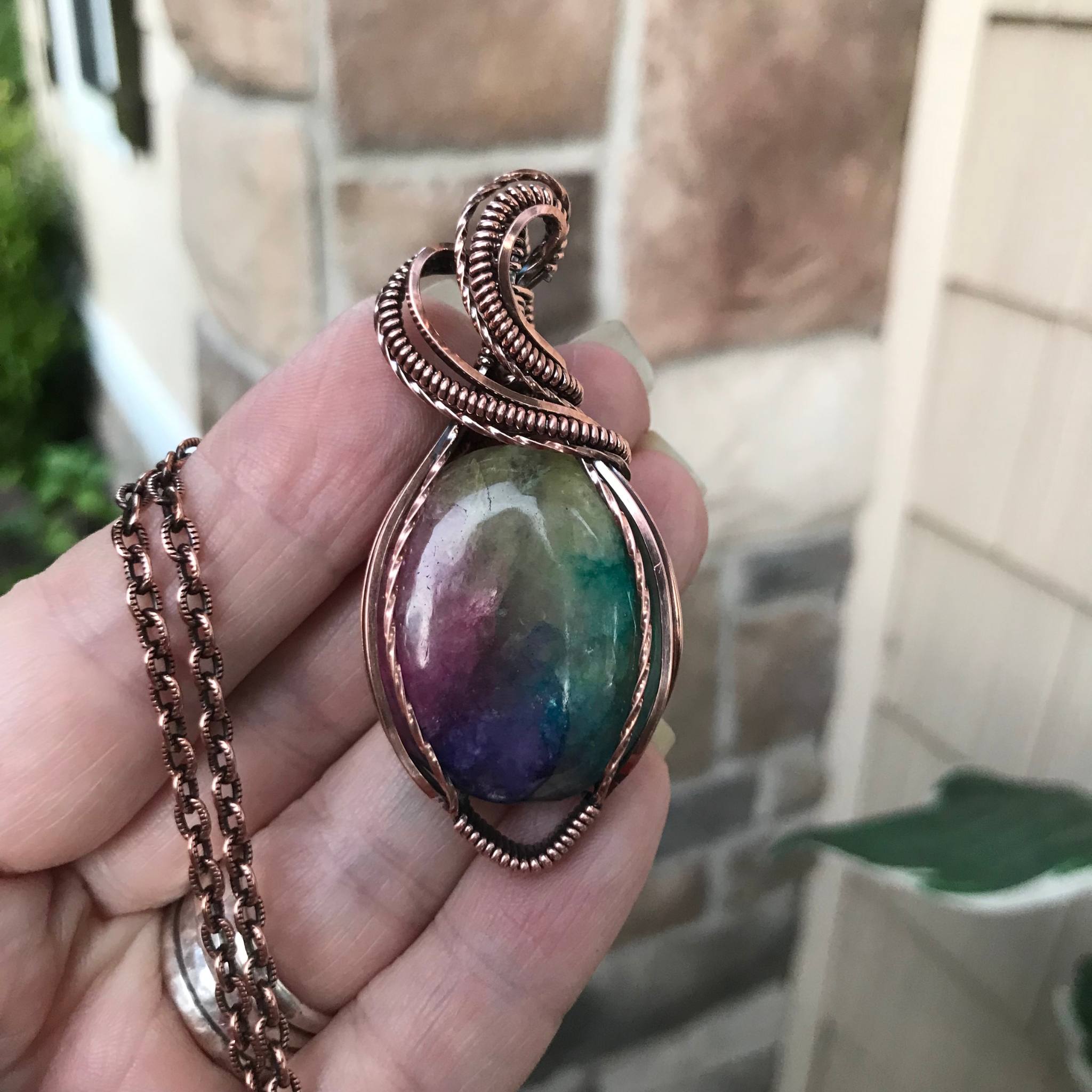 Rainbow solar quartz large oval wire wrapped copper pendant by Moonlet Jewelry
