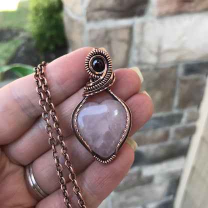 Rose Quartz & Garnet Heart Copper Necklace