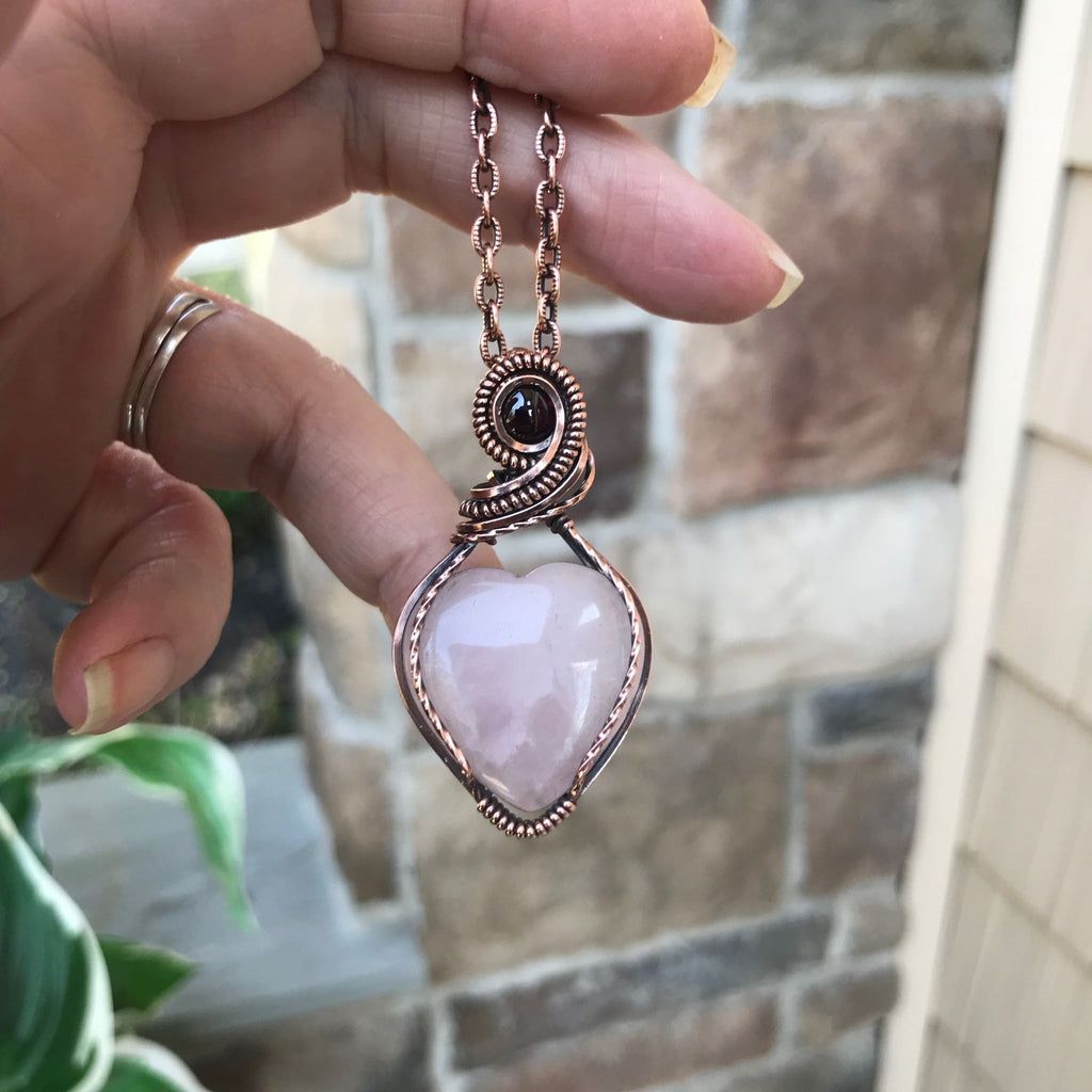 rose quartz & garnet copper wire wrapped pendant