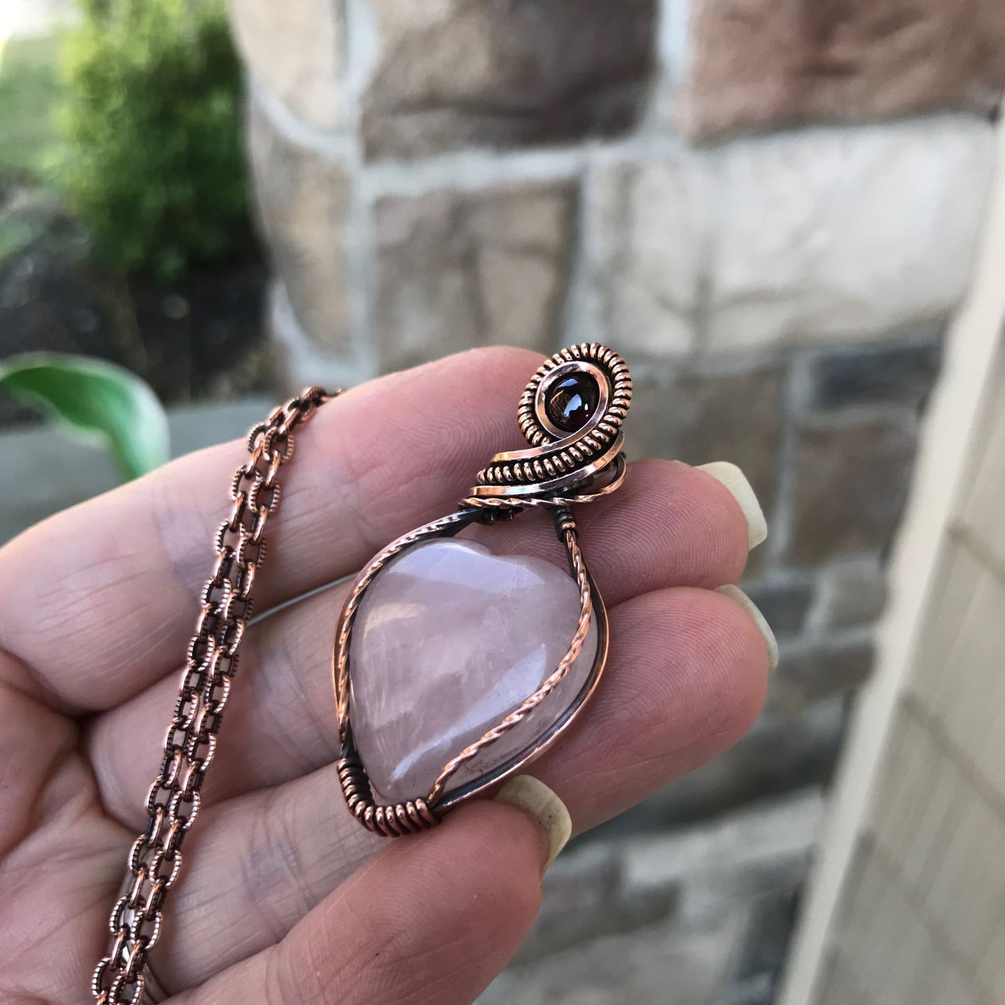Rose Quartz & Garnet Heart Copper Necklace