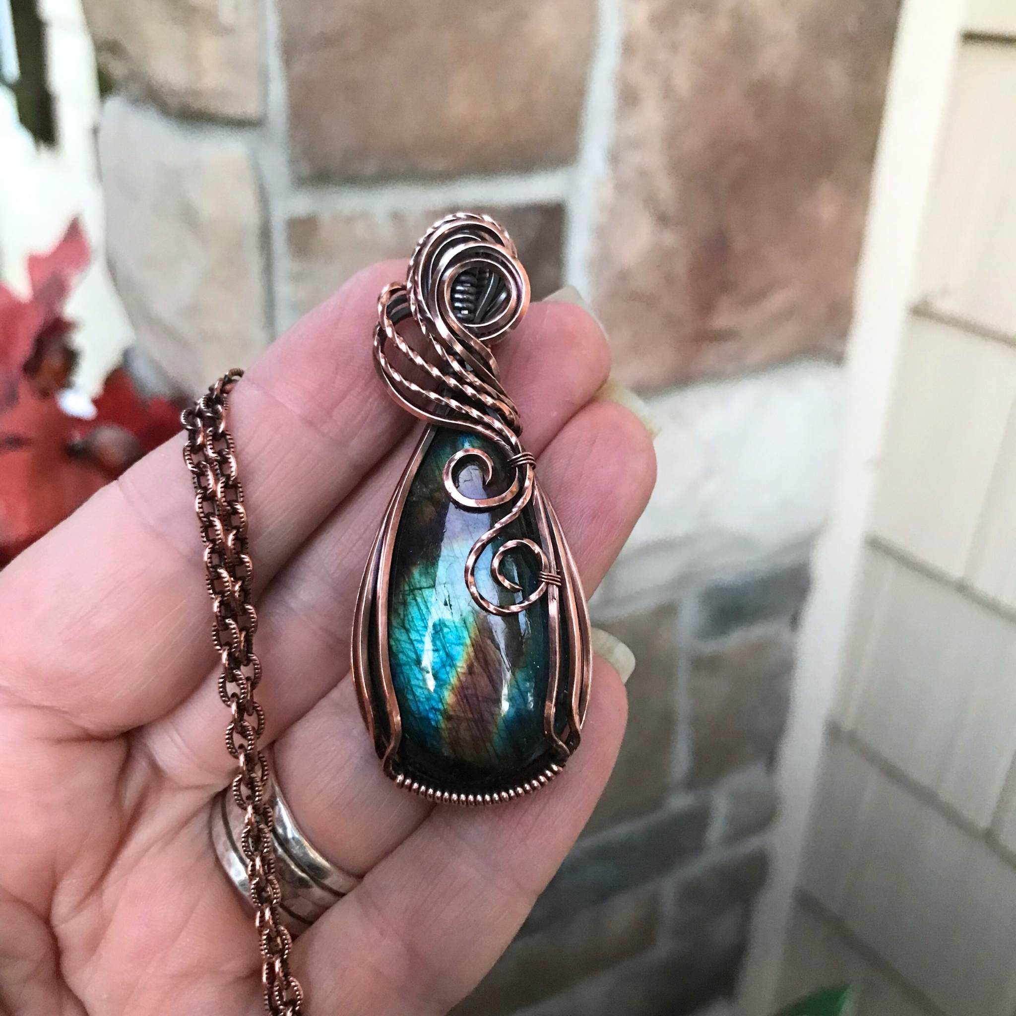 Teal Purple Labradorite Copper Pendant