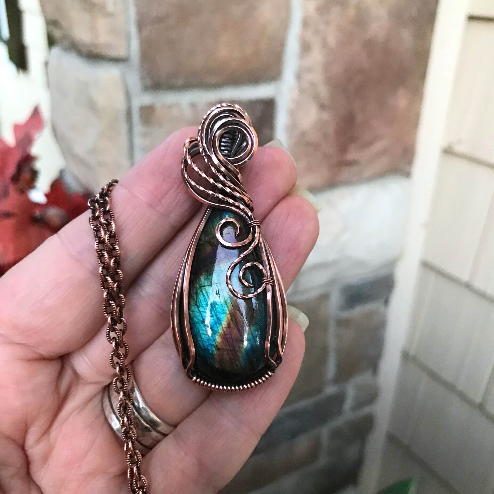 Teal Purple Labradorite Copper Pendant