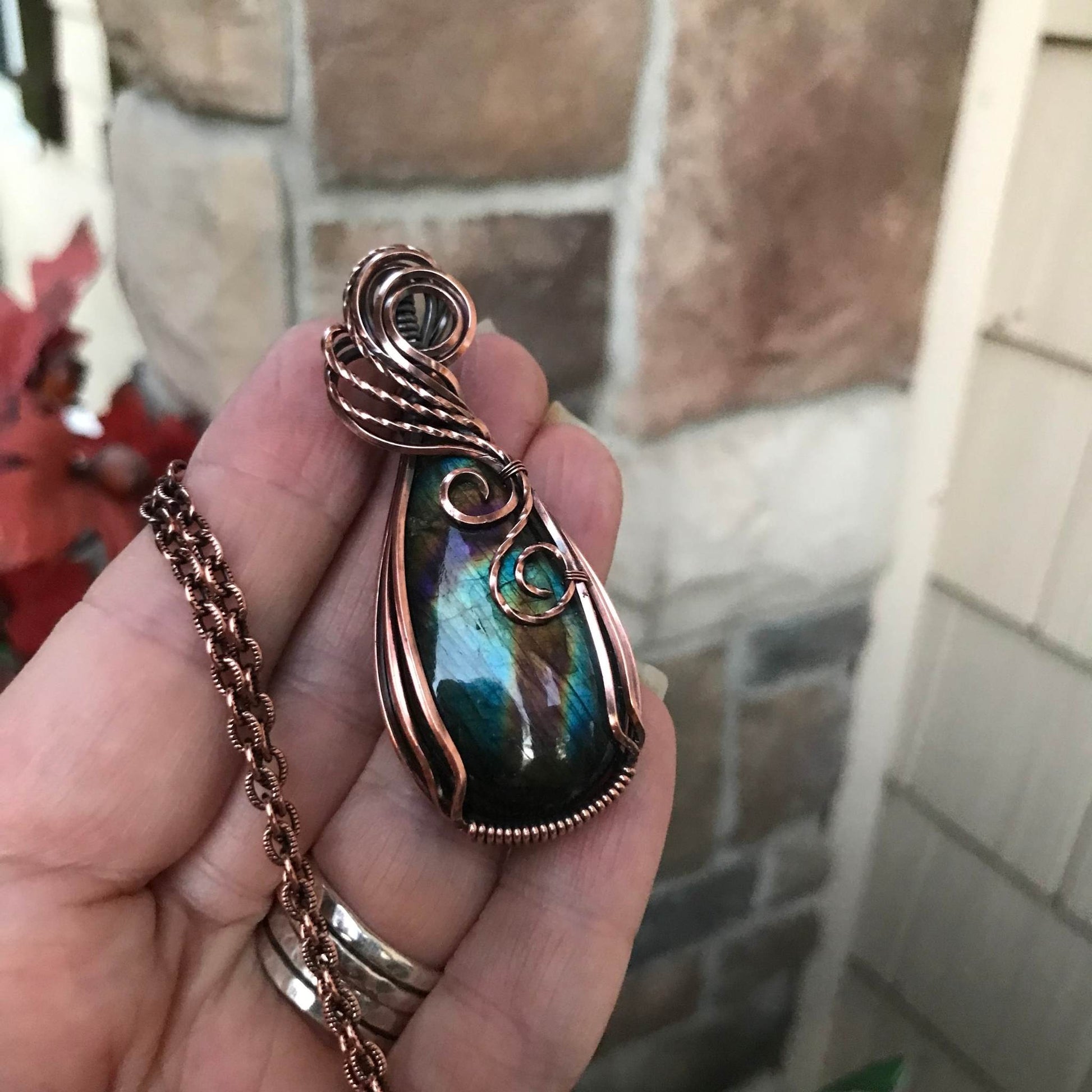 Teal Purple Labradorite Copper Pendant