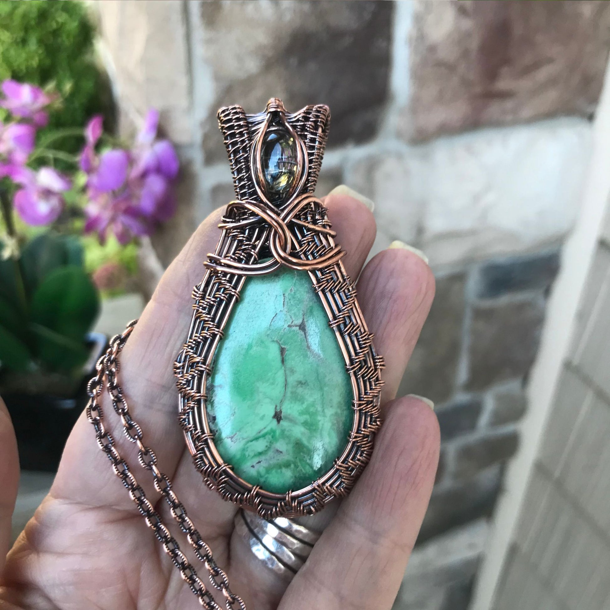 Variscite & Prasiolite Woven Copper Pendant
