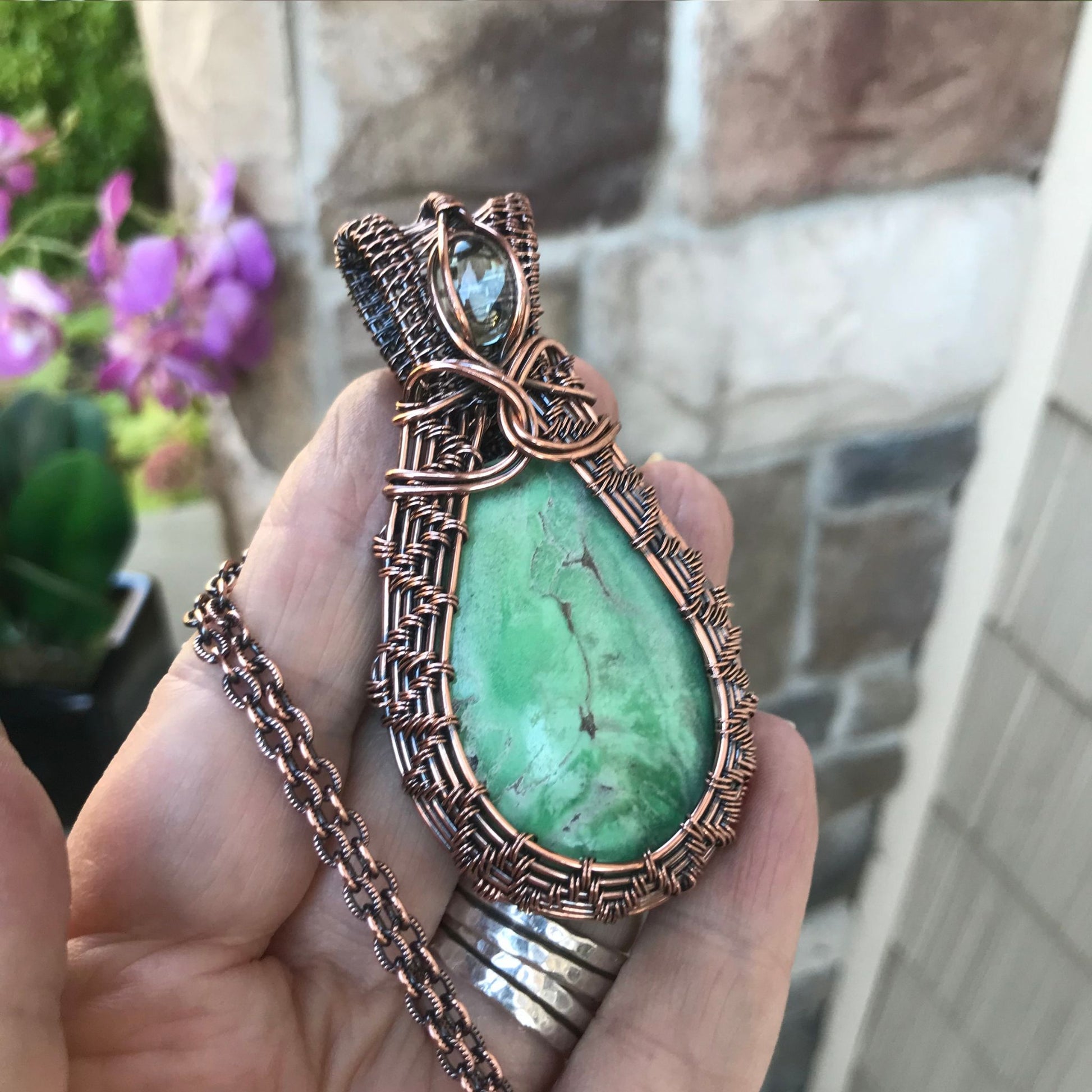 Variscite & Prasiolite Woven Copper Pendant