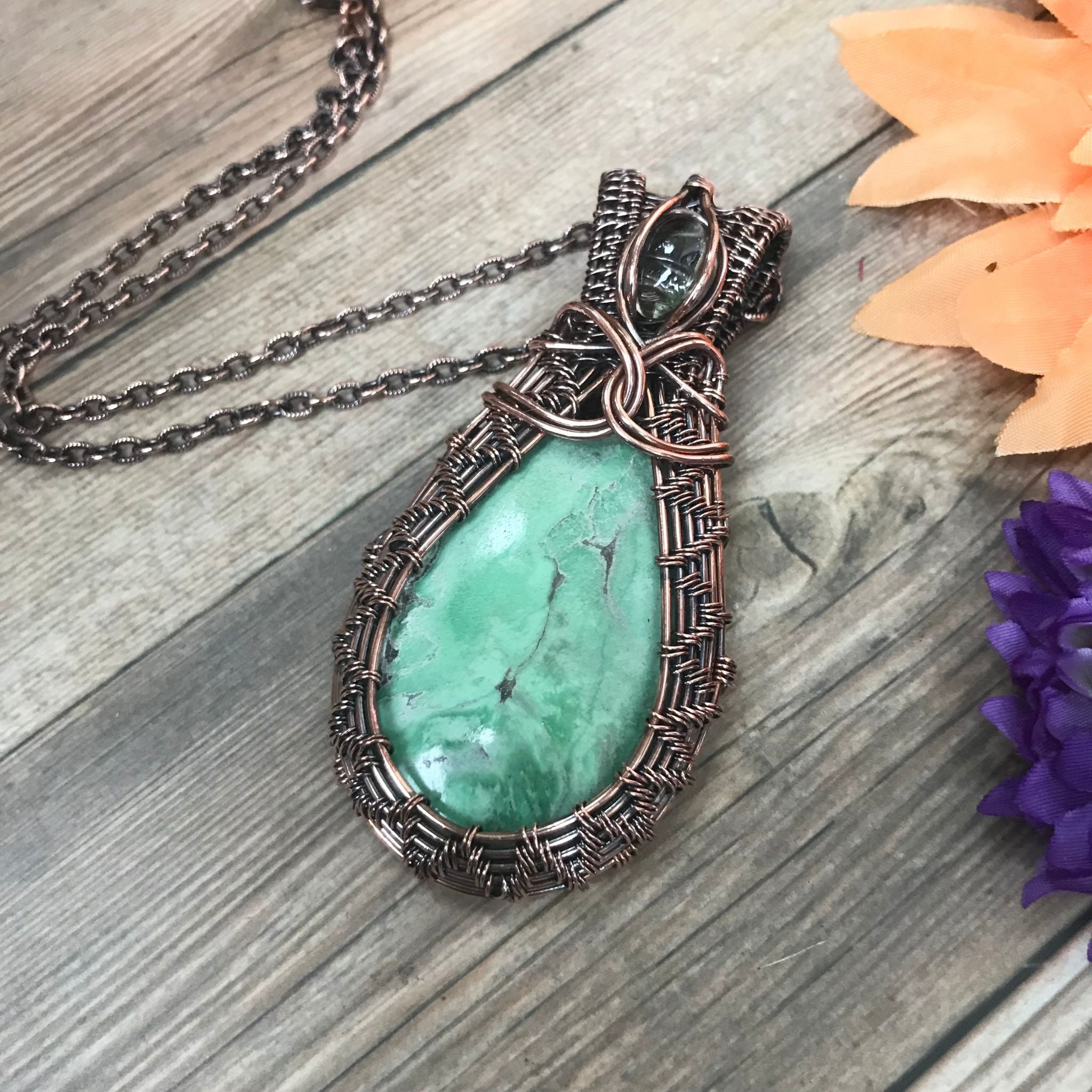 Variscite & Prasiolite Woven Copper Pendant