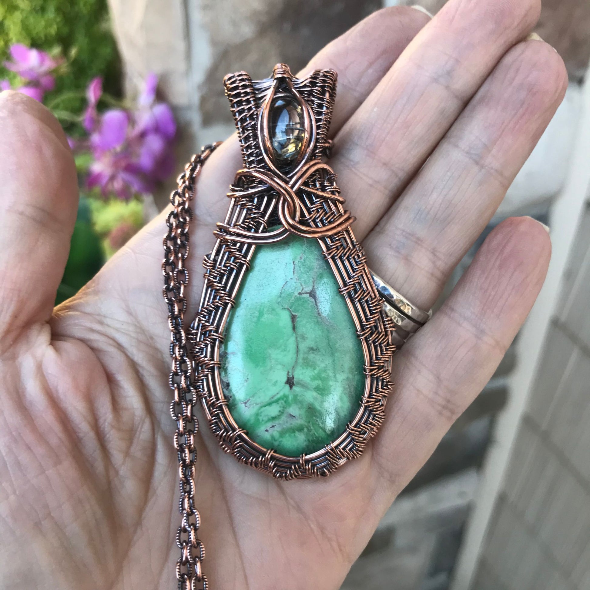 Variscite & Prasiolite Woven Copper Pendant