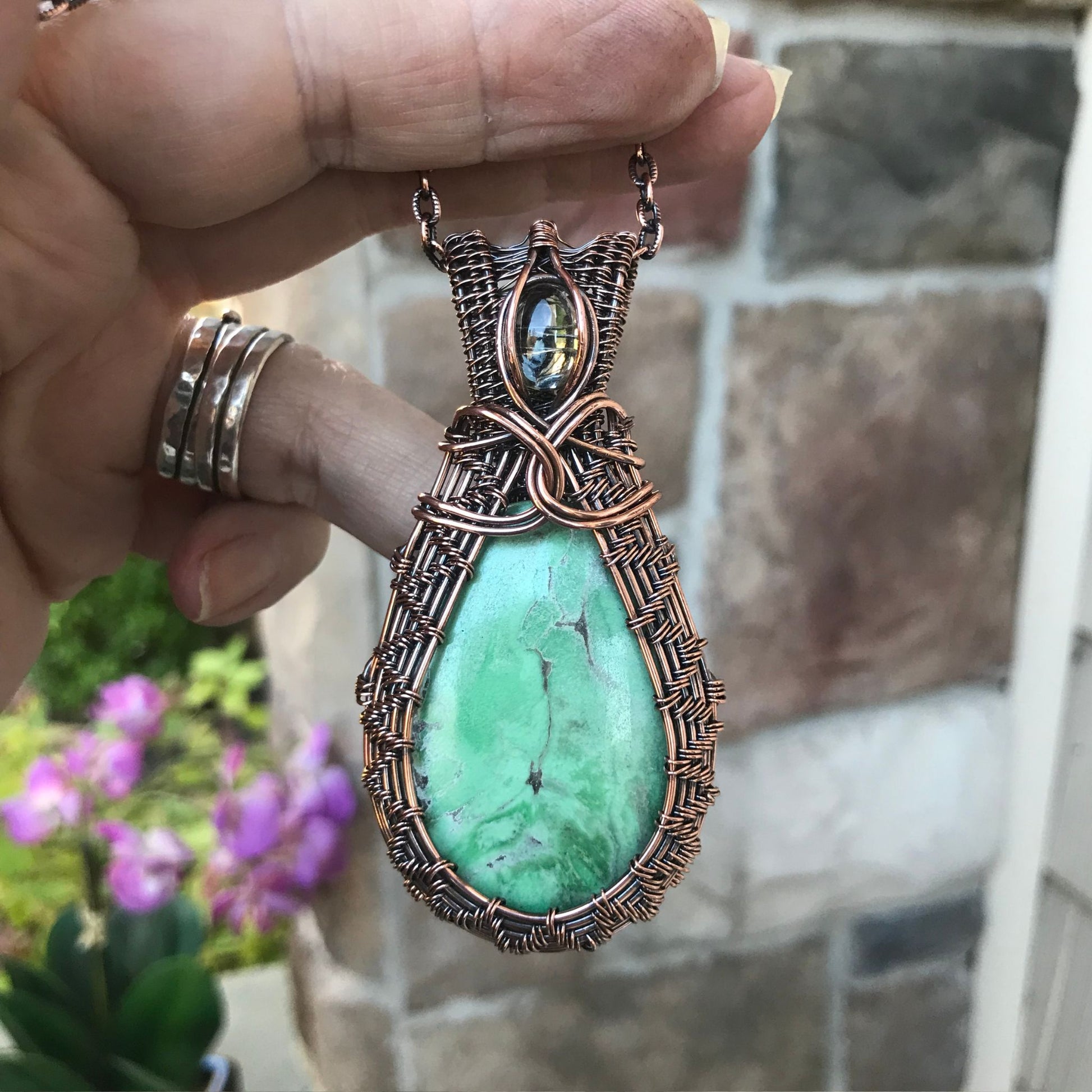 Variscite & Prasiolite Woven Copper Pendant