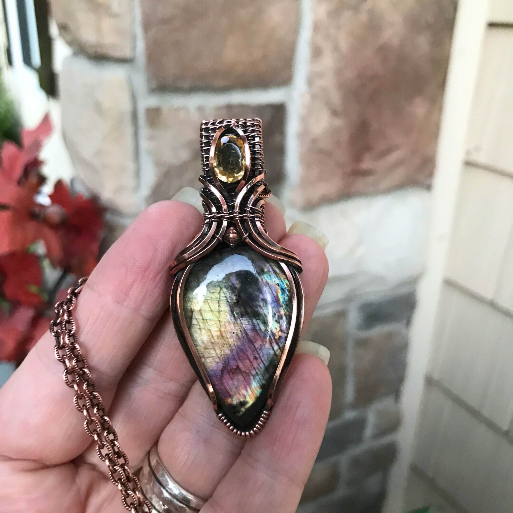 Yellow Pink labradorite with citrine in a woven bail copper pendant by Moonlet Jewelry