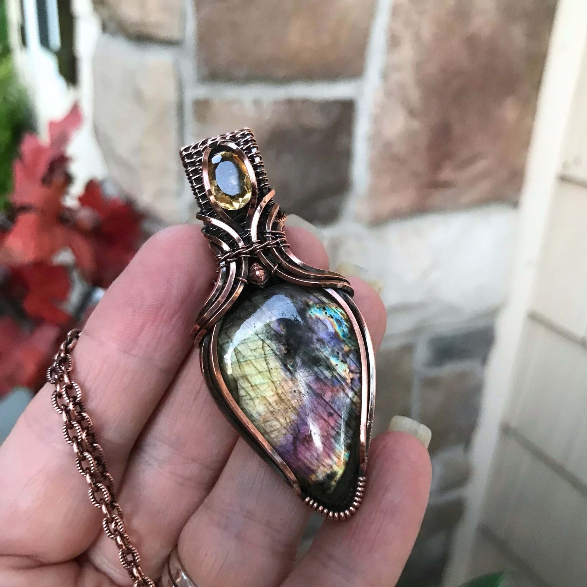 Yellow Pink Labradorite & Citrine Copper Necklace with Woven Bail