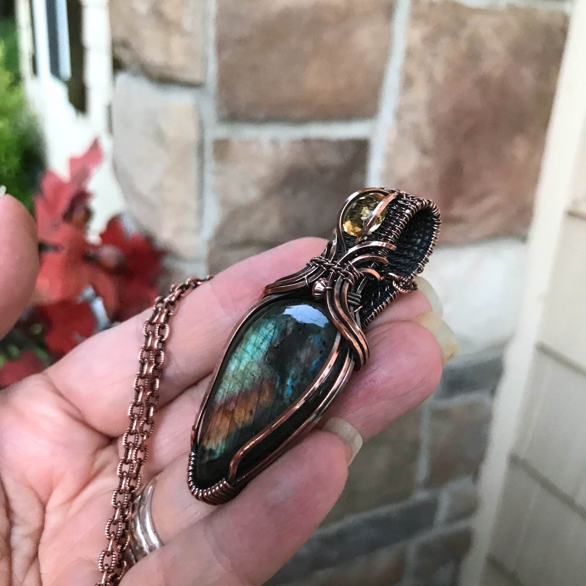 Yellow Pink Labradorite & Citrine Copper Necklace with Woven Bail