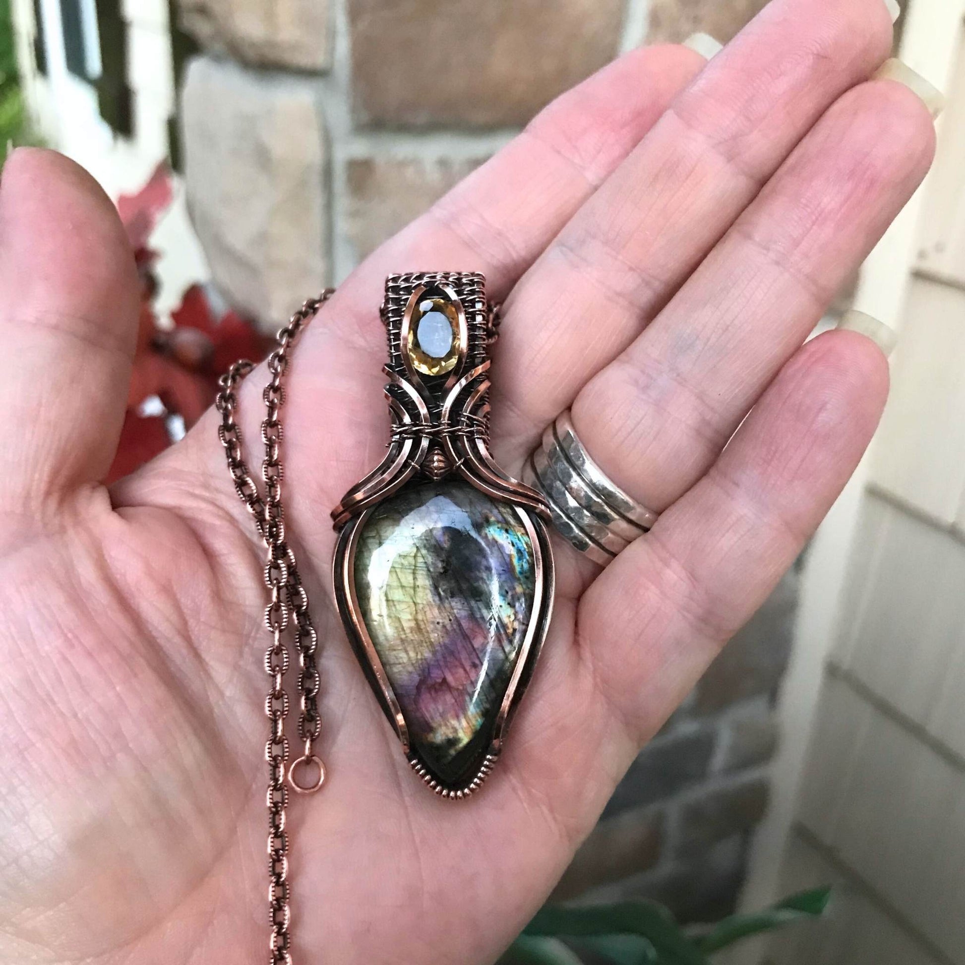 Yellow Pink Labradorite & Citrine Copper Necklace with Woven Bail