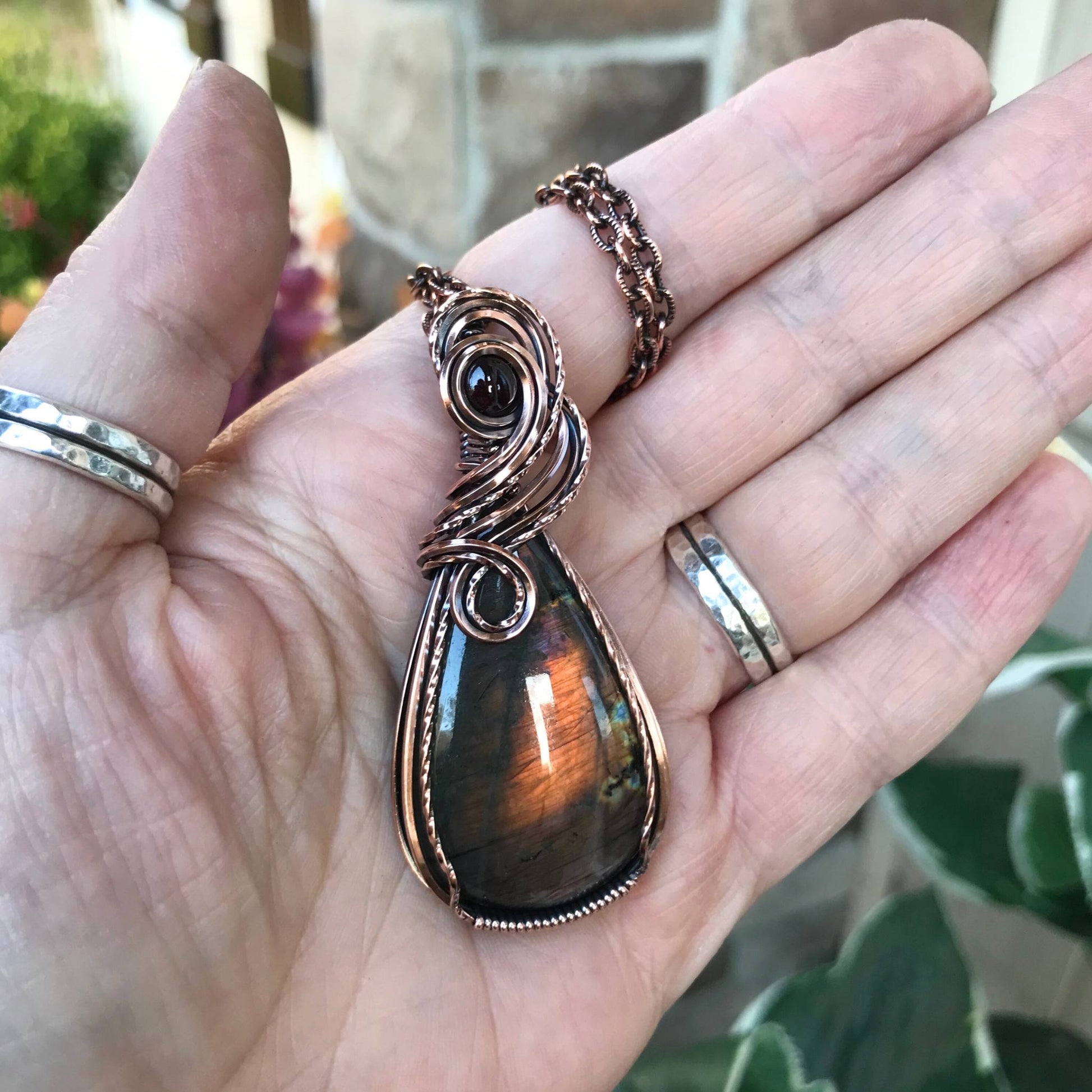 Burgundy Labradorite & Garnet Swirly Copper Necklace