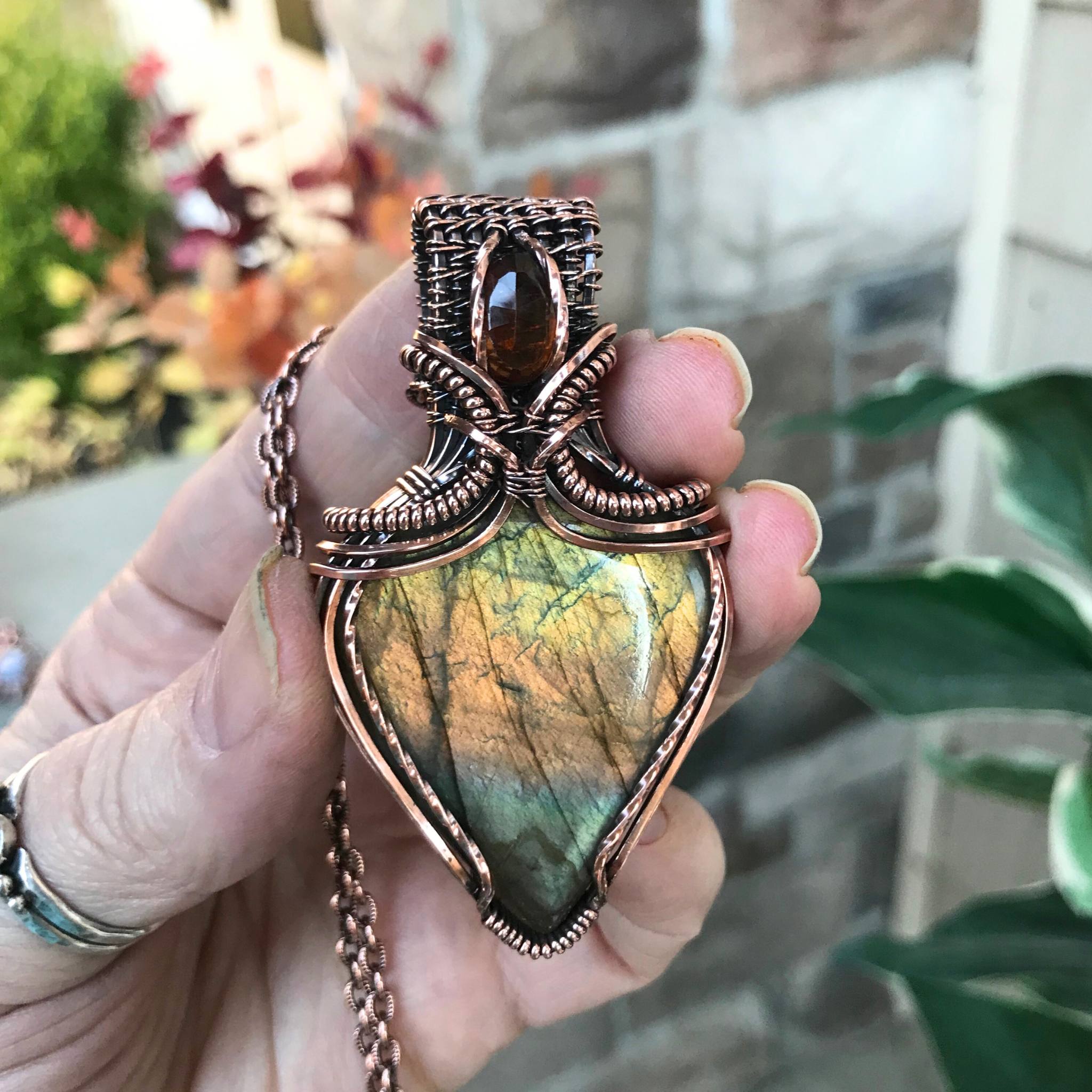 Amber Green Labradorite & Hessonite Garnet Copper Pendant