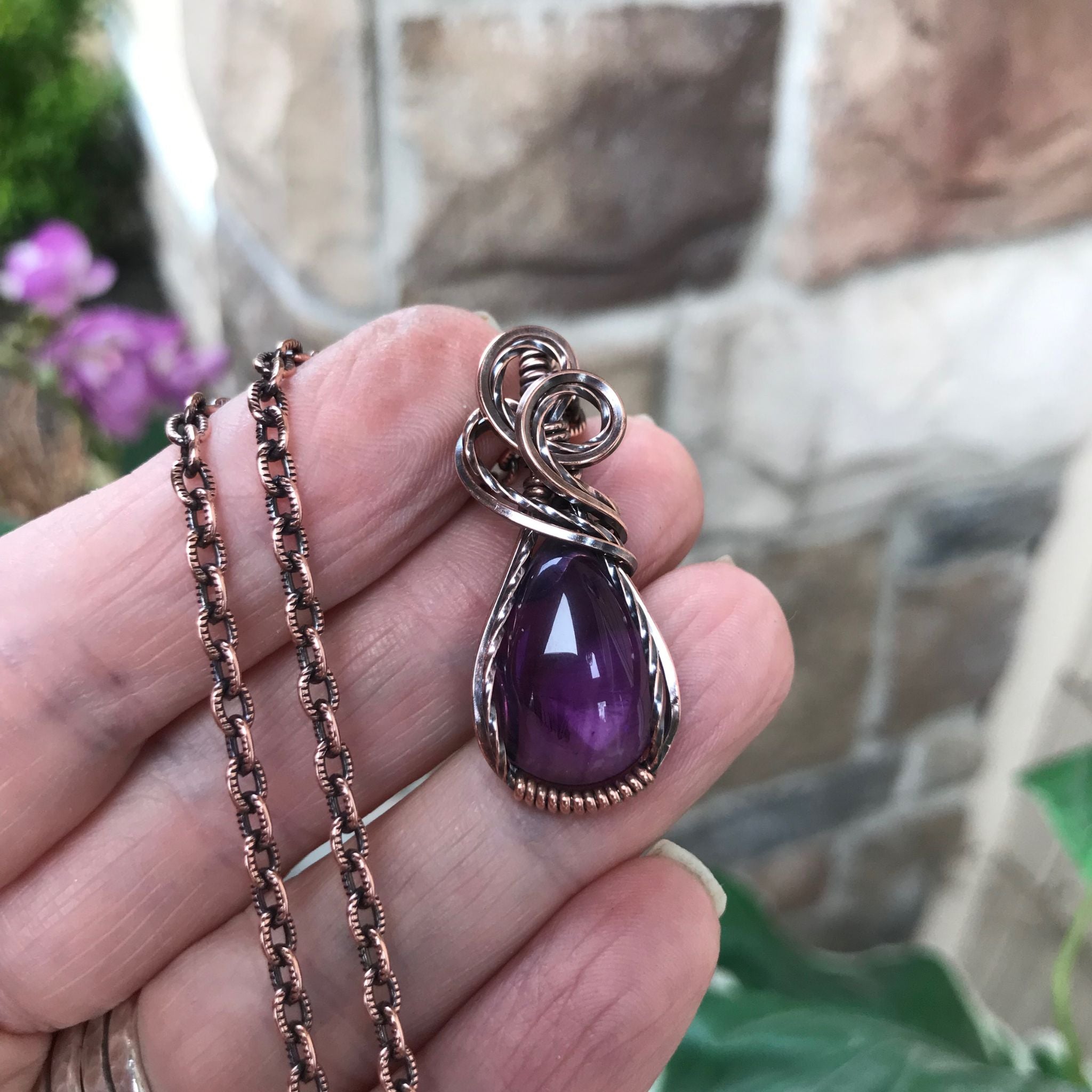 Amethyst Small Teardrop Copper Pendant