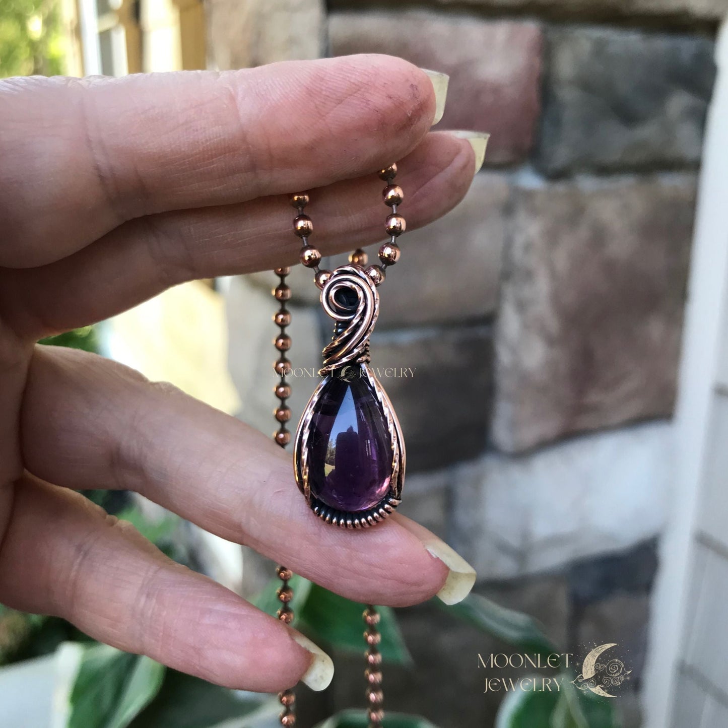 amethyst mini teardrop copper wire wrap necklace moonlet jewelry