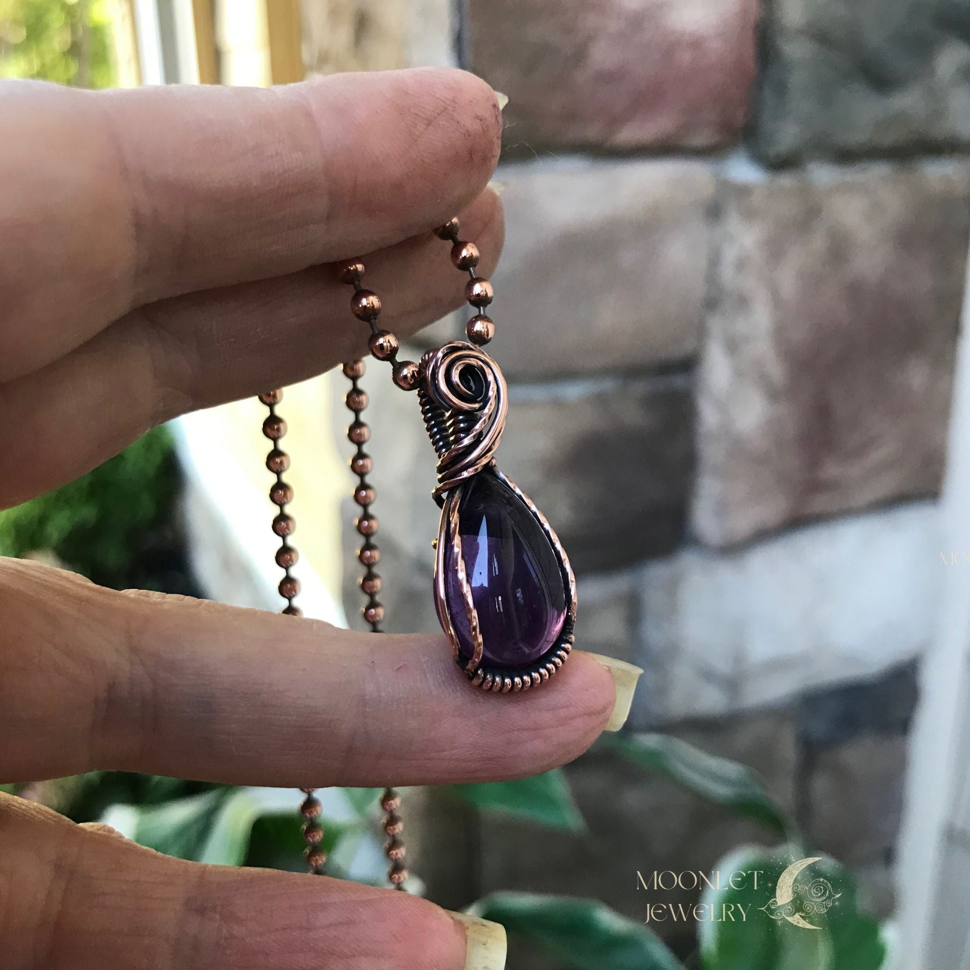 amethyst mini teardrop copper wire wrap necklace moonlet jewelry