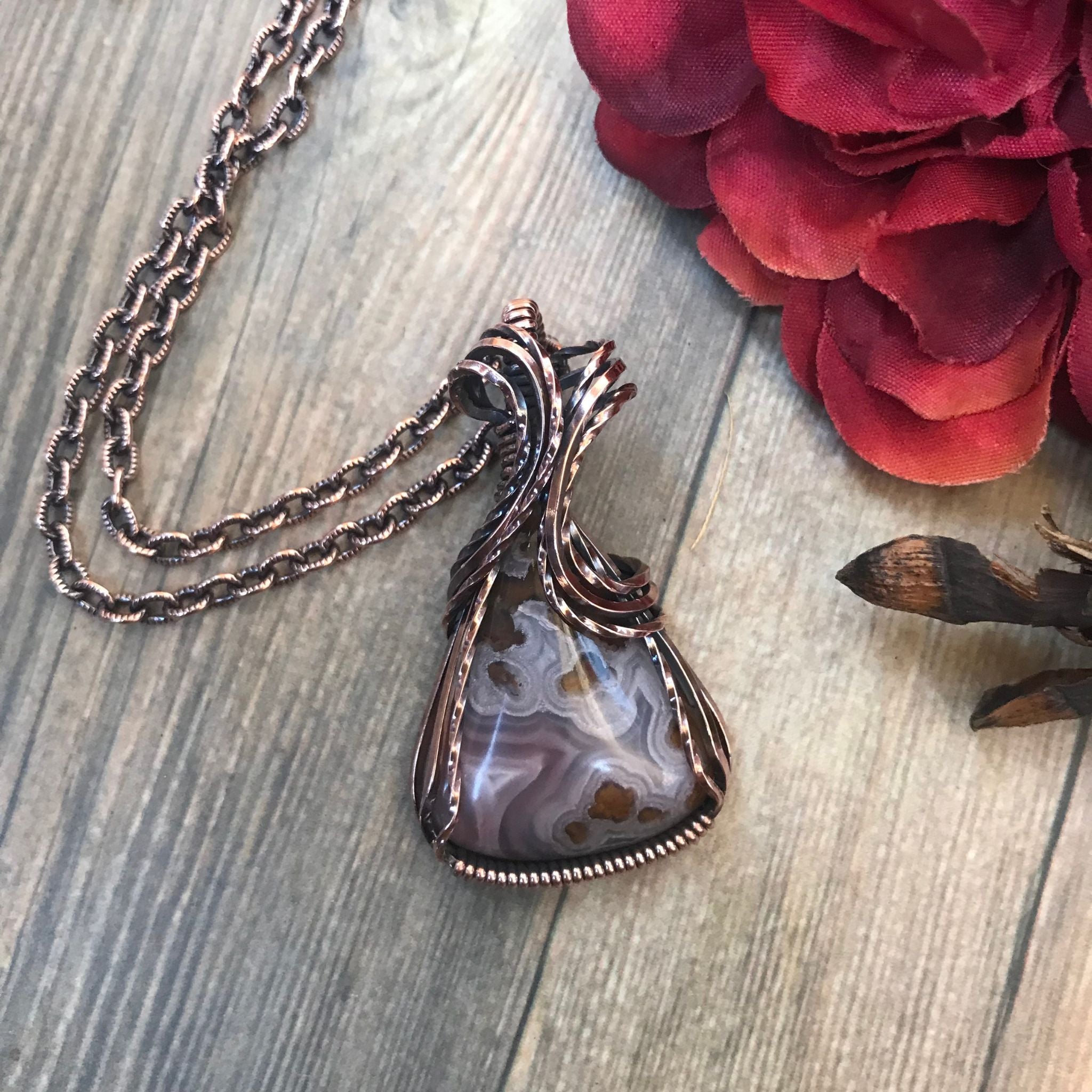 Agua Nueva Pink Plume Moss Agate Copper Pendant
