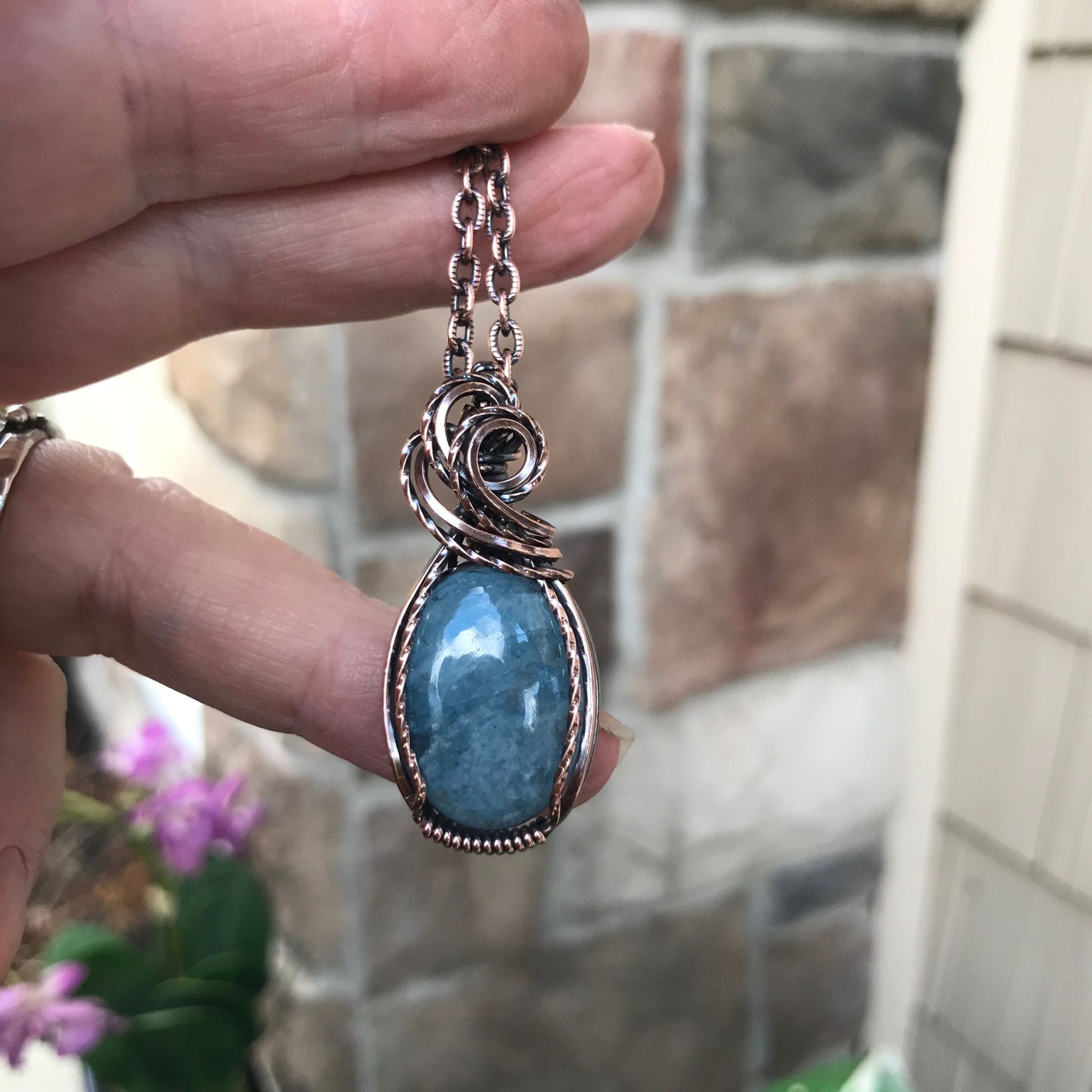 Aquamarine Oval Small Copper Pendant