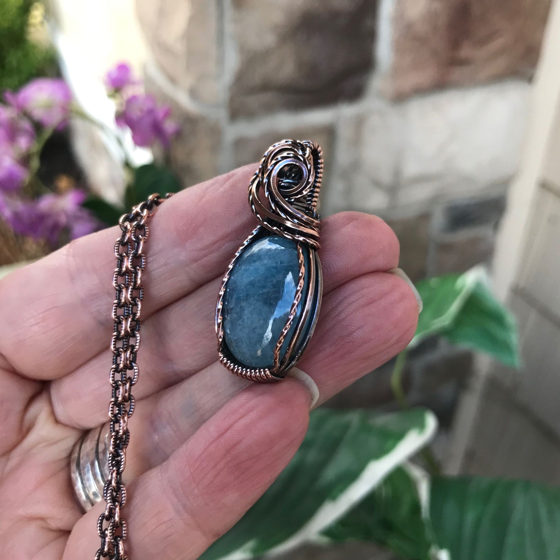 Aquamarine Oval Small Copper Pendant