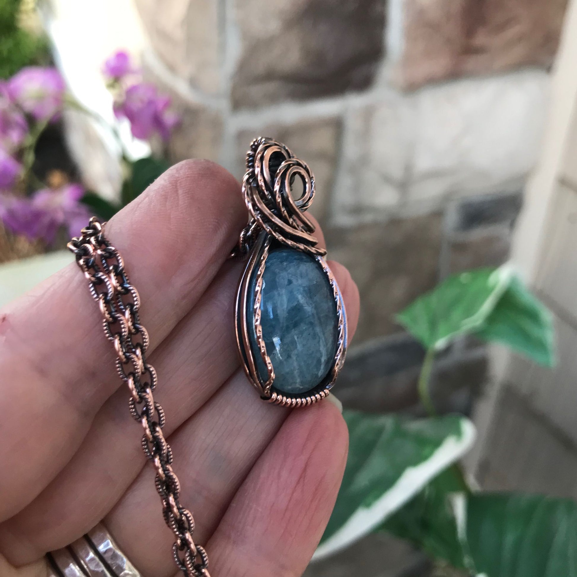 Aquamarine Oval Small Copper Pendant