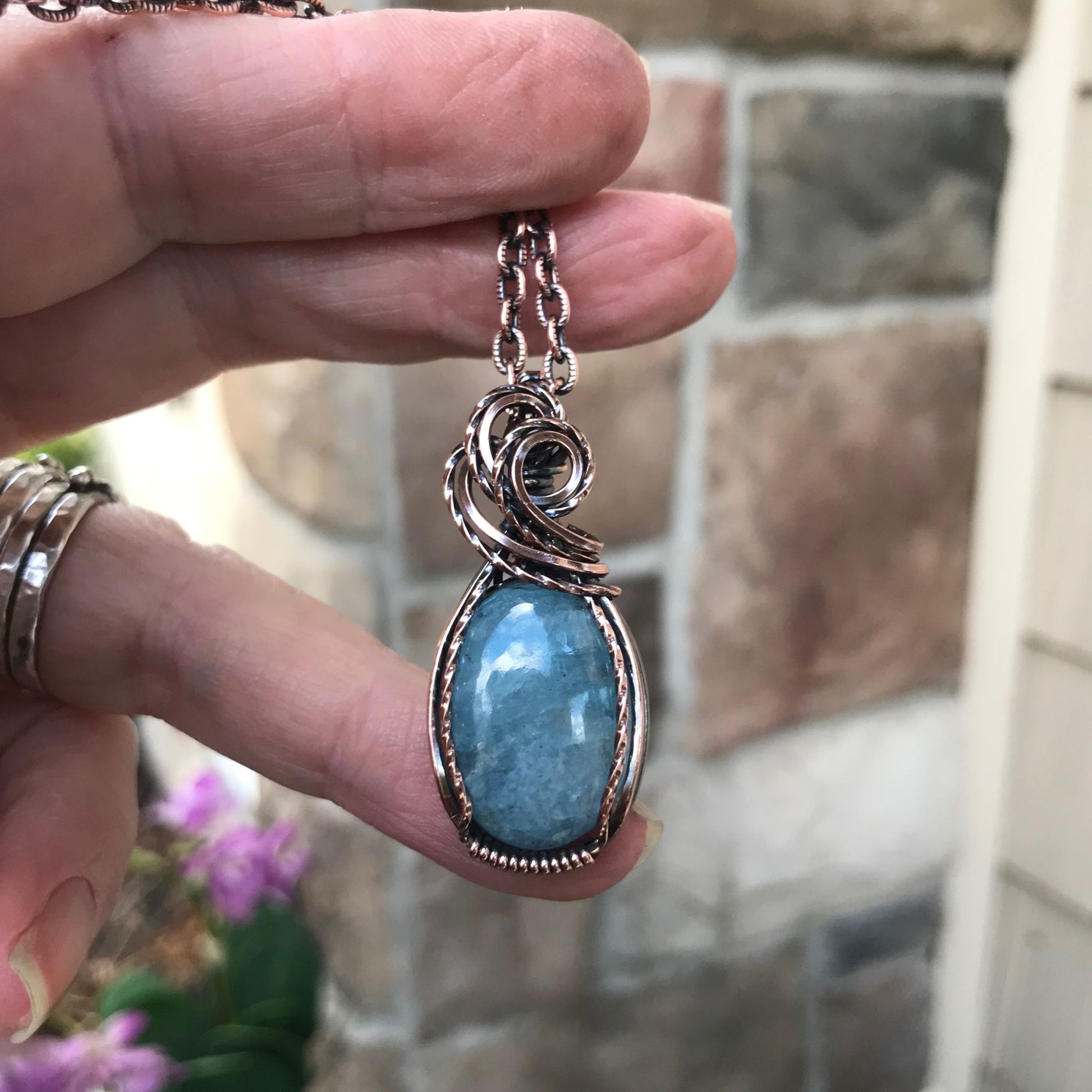 Aquamarine Oval Small Copper Pendant