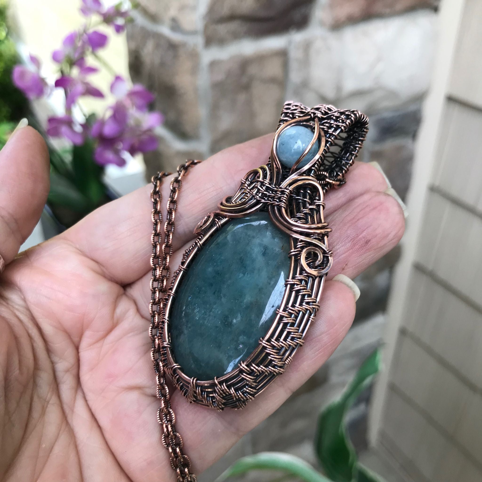 Aquamarine Oval Wire Weave Copper Necklace