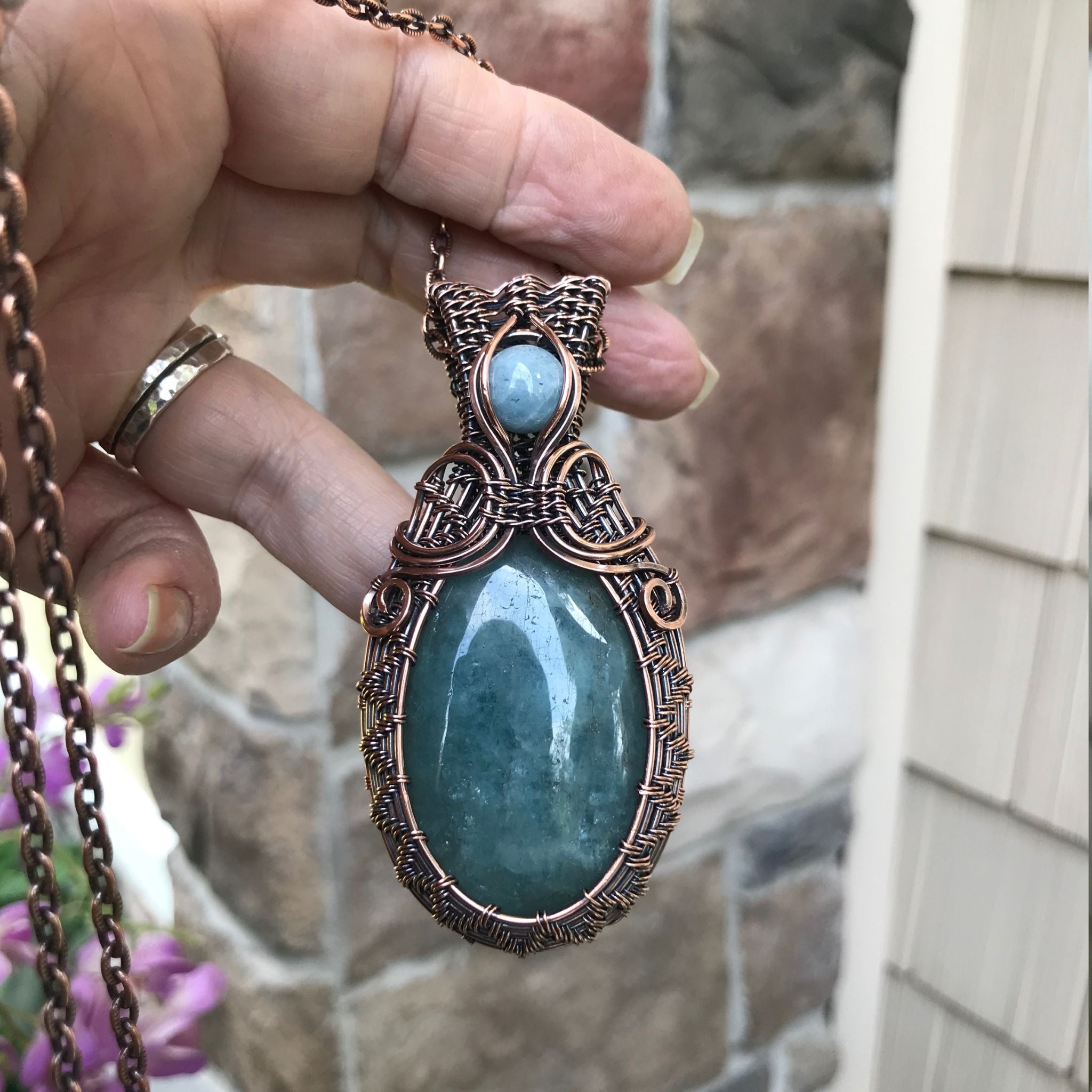 Aquamarine Oval Wire Weave Copper Necklace