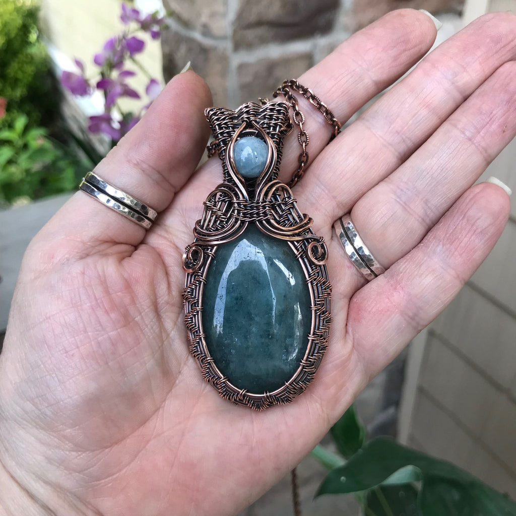 aquamarine wire weave copper pendant