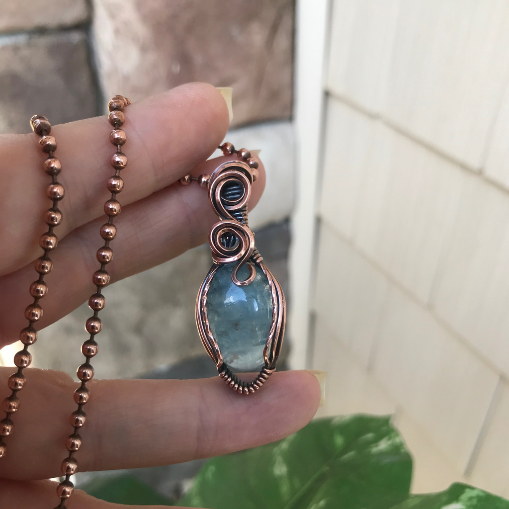 aquamarine wire wrapped copper pendant necklace moonlet jewelry