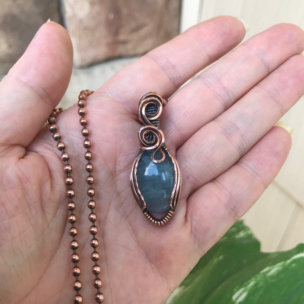 aquamarine wire wrapped copper pendant necklace moonlet jewelry