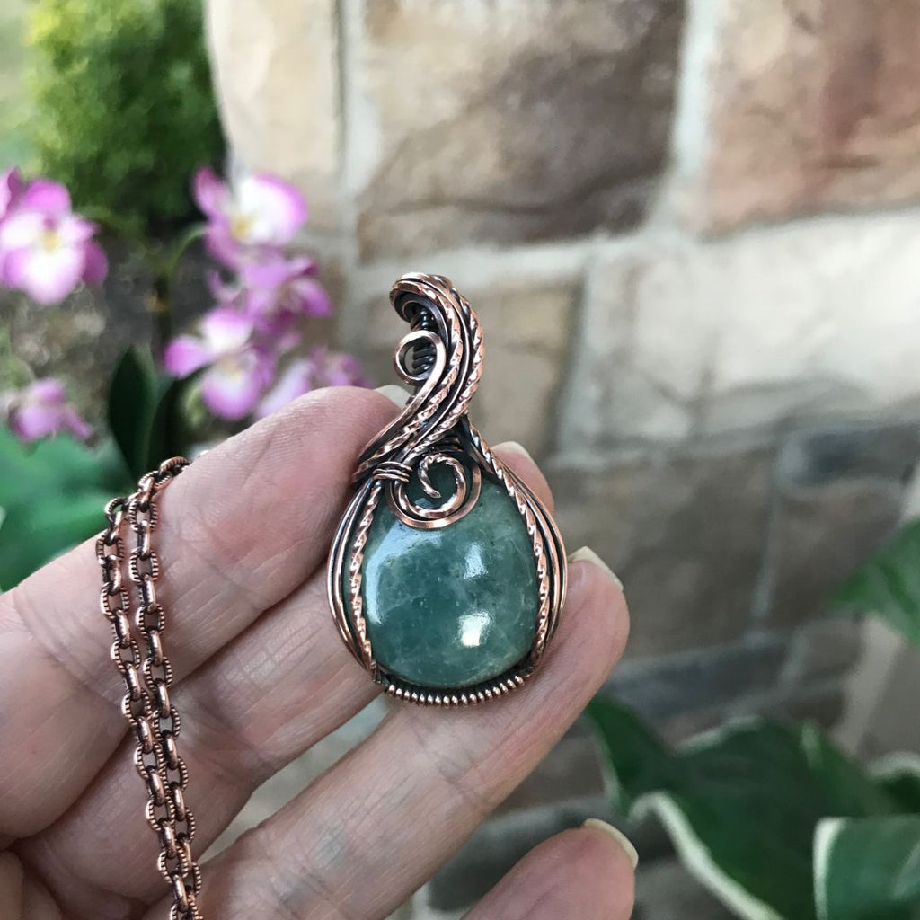 aquamarine small round copper wire wrapped necklace