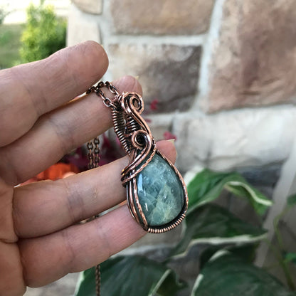 aquamarine small teardrop copper pendant