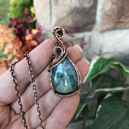 aquamarine small teardrop copper pendant