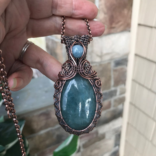Aquamarine Oval Wire Weave Copper Necklace