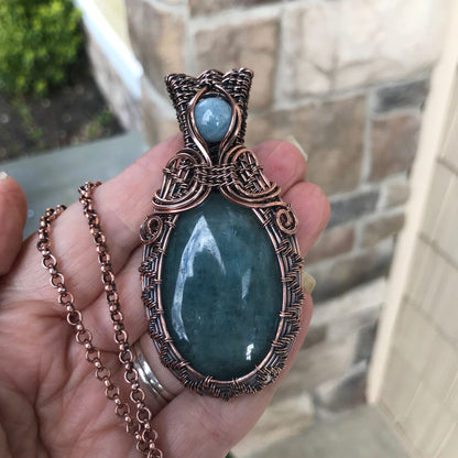 Aquamarine Oval Wire Weave Copper Necklace